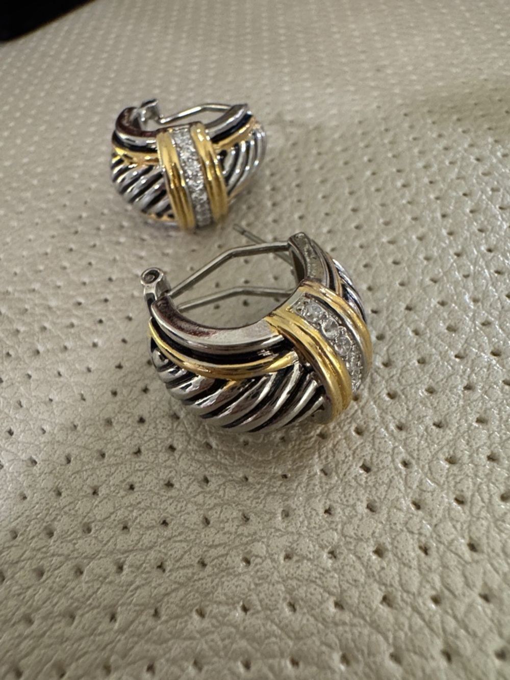 Two-Tone Silver and Gold Hoop Earrings with Clear Stone Accents
